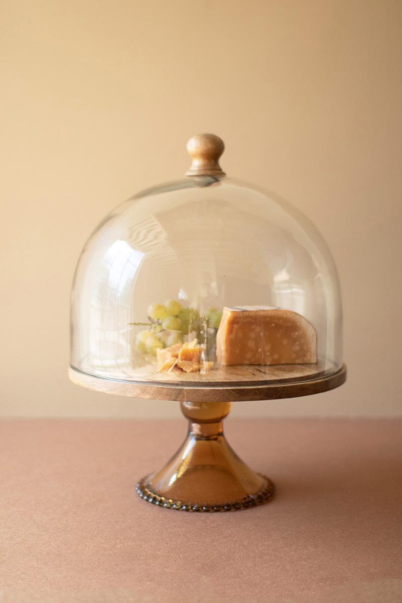Mango Wood Cake Stand with Glass Dome