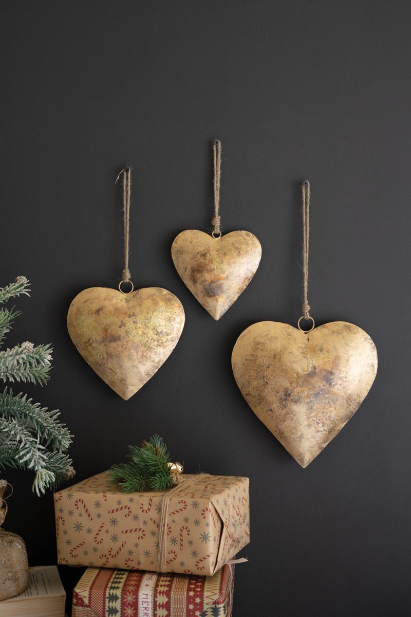Antique Gold Christmas Heart Door Hangers - Set of 3