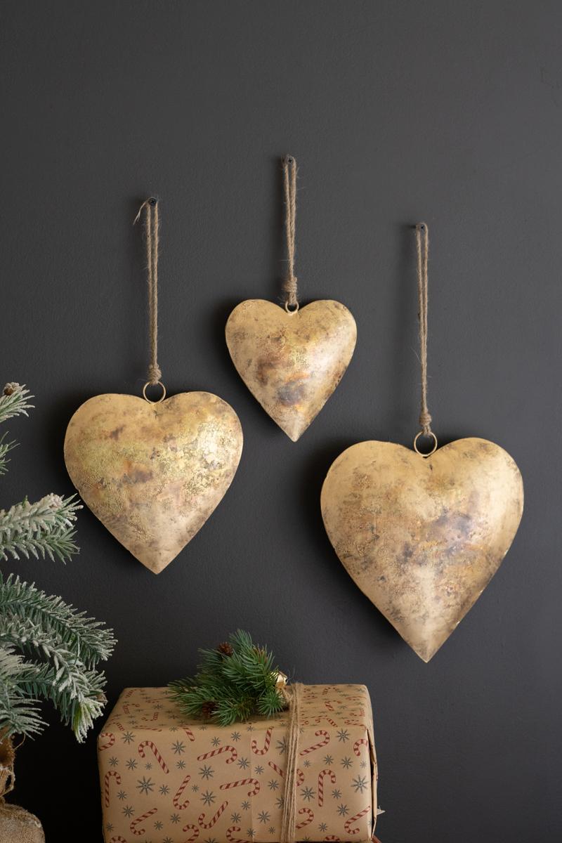 Antique Gold Christmas Heart Door Hangers - Set of 3