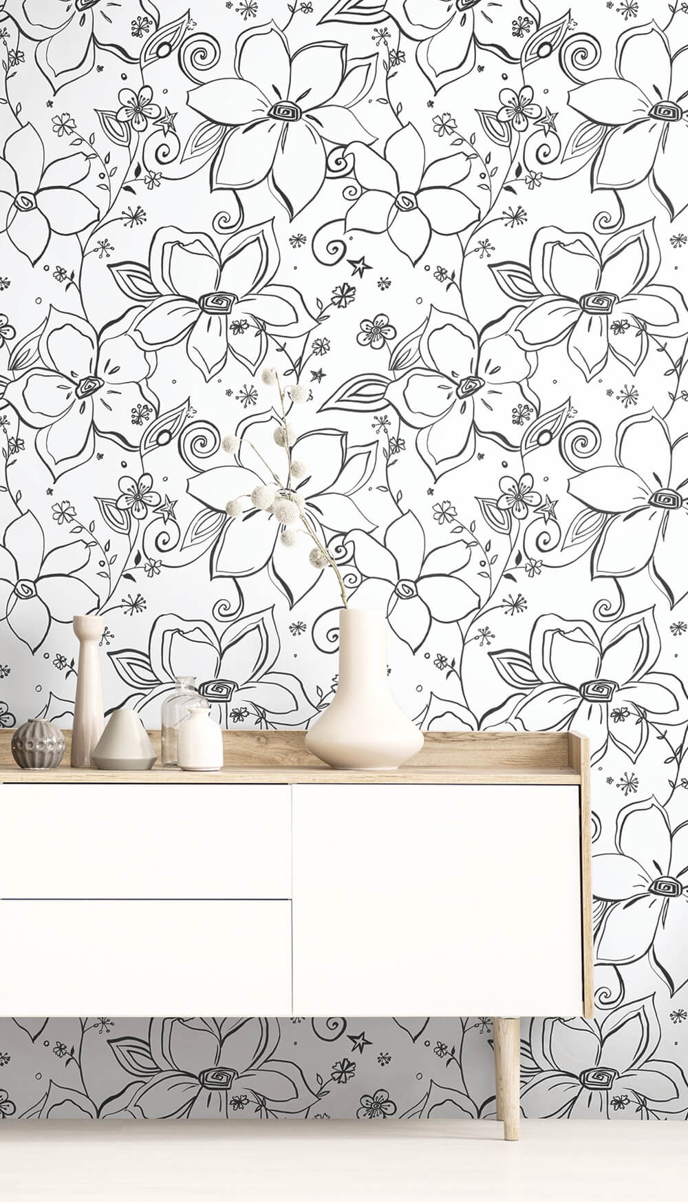 Linework Floral Peel and Stick Removable Wallpaper