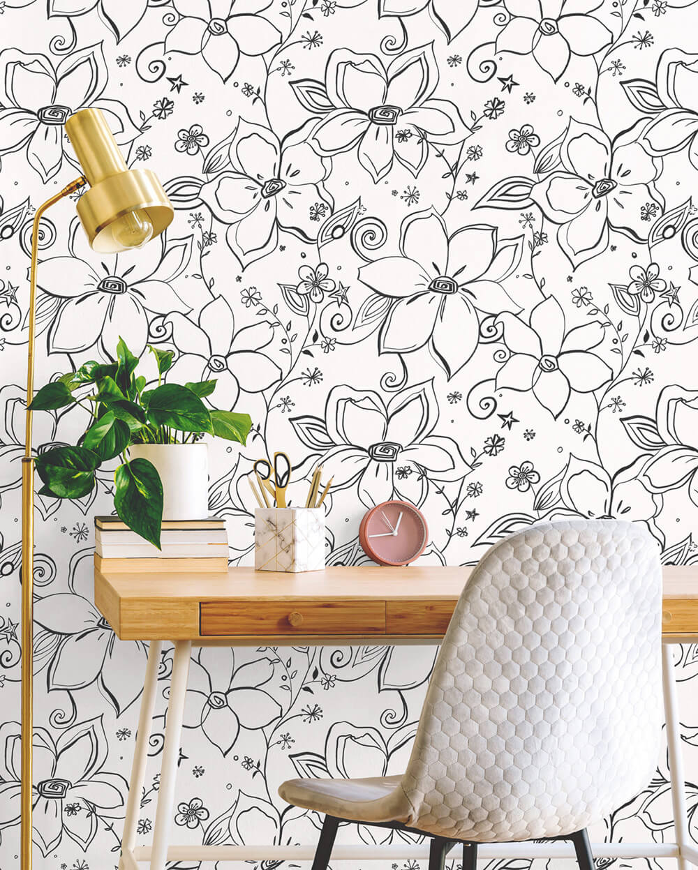 Linework Floral Peel and Stick Removable Wallpaper