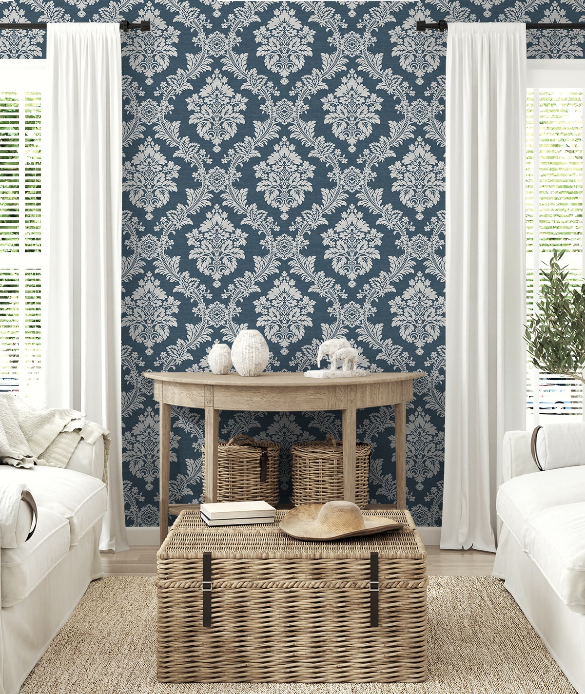 Seaside Damask Premium Screen Printed Peel and Stick Removable Wallpaper