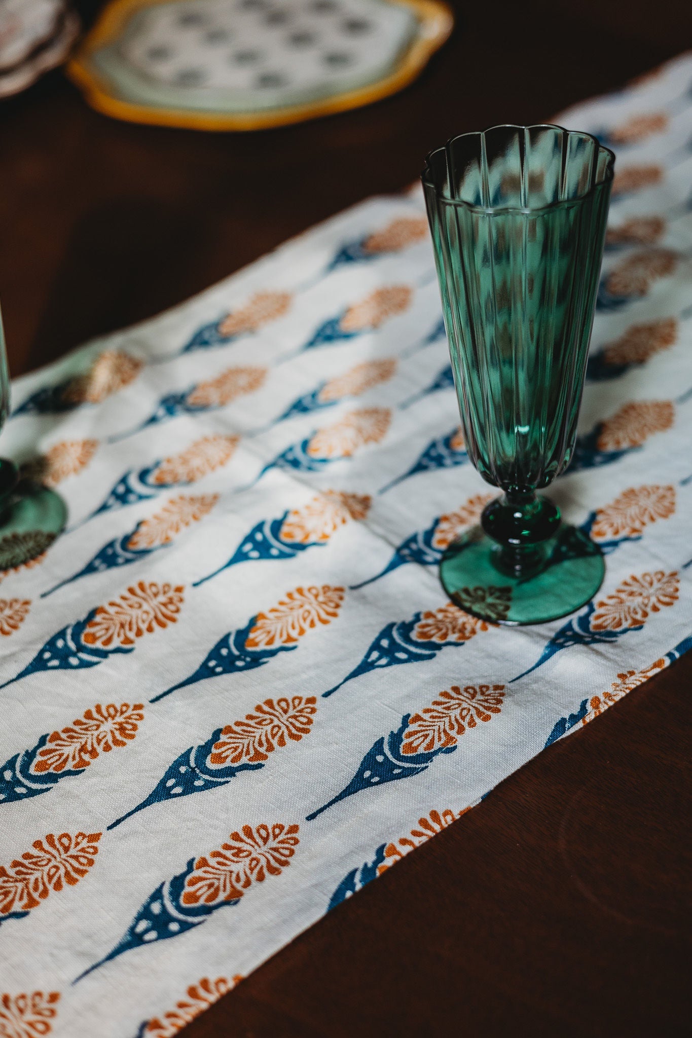 Bahaar Hand Printed Table Runner - Ginger & Blue