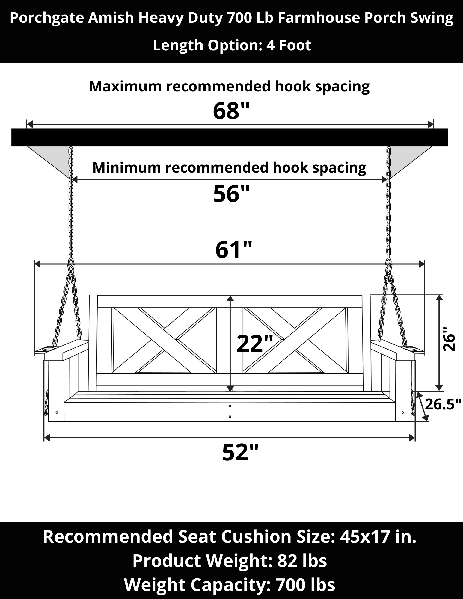 Porchgate Amish Heavy Duty 700 Lb 5-Foot Farmhouse Porch Swing - Tricorn Black
