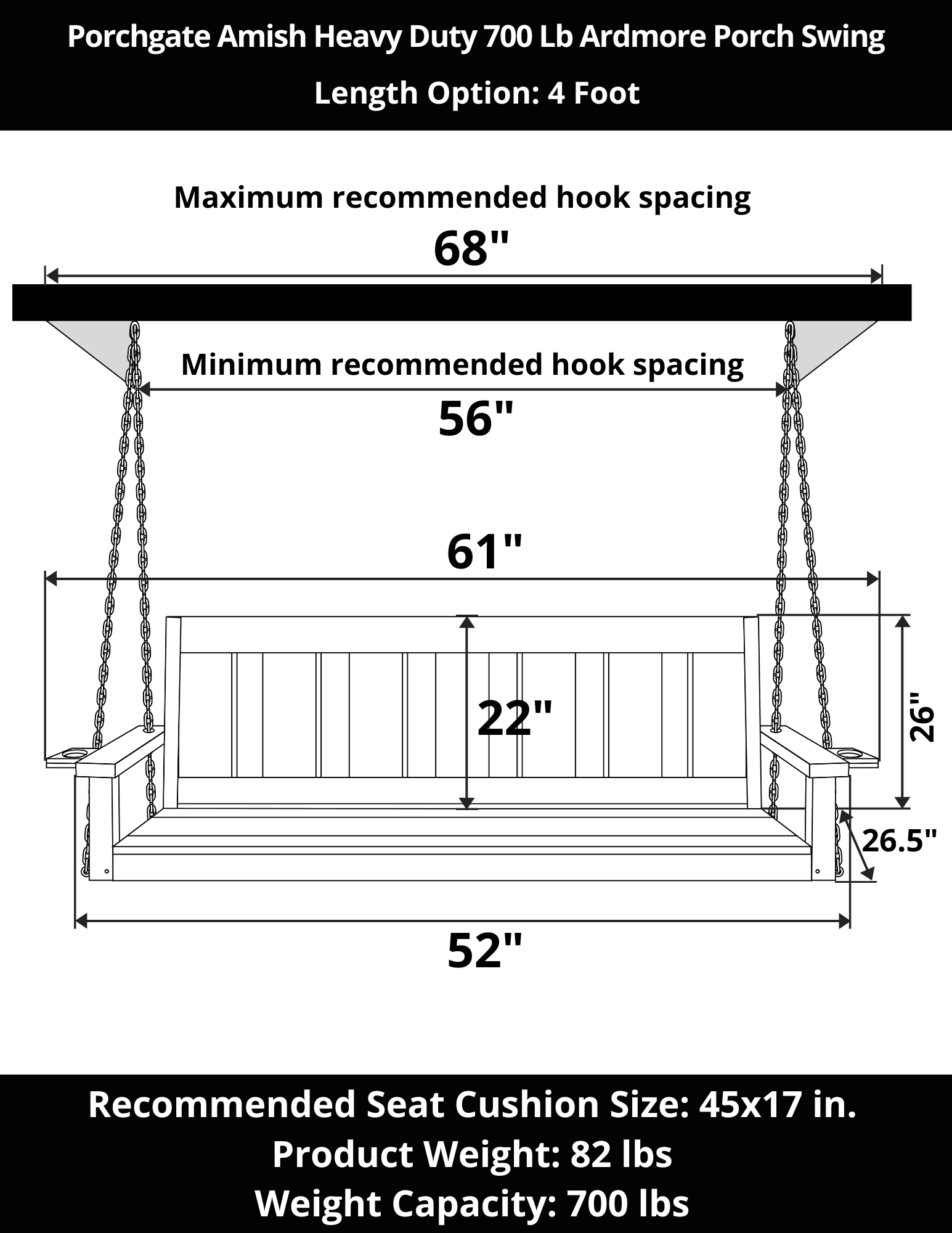 Porchgate Amish Heavy Duty 700 Lb 4-Foot Ardmore Porch Swing - Pure White