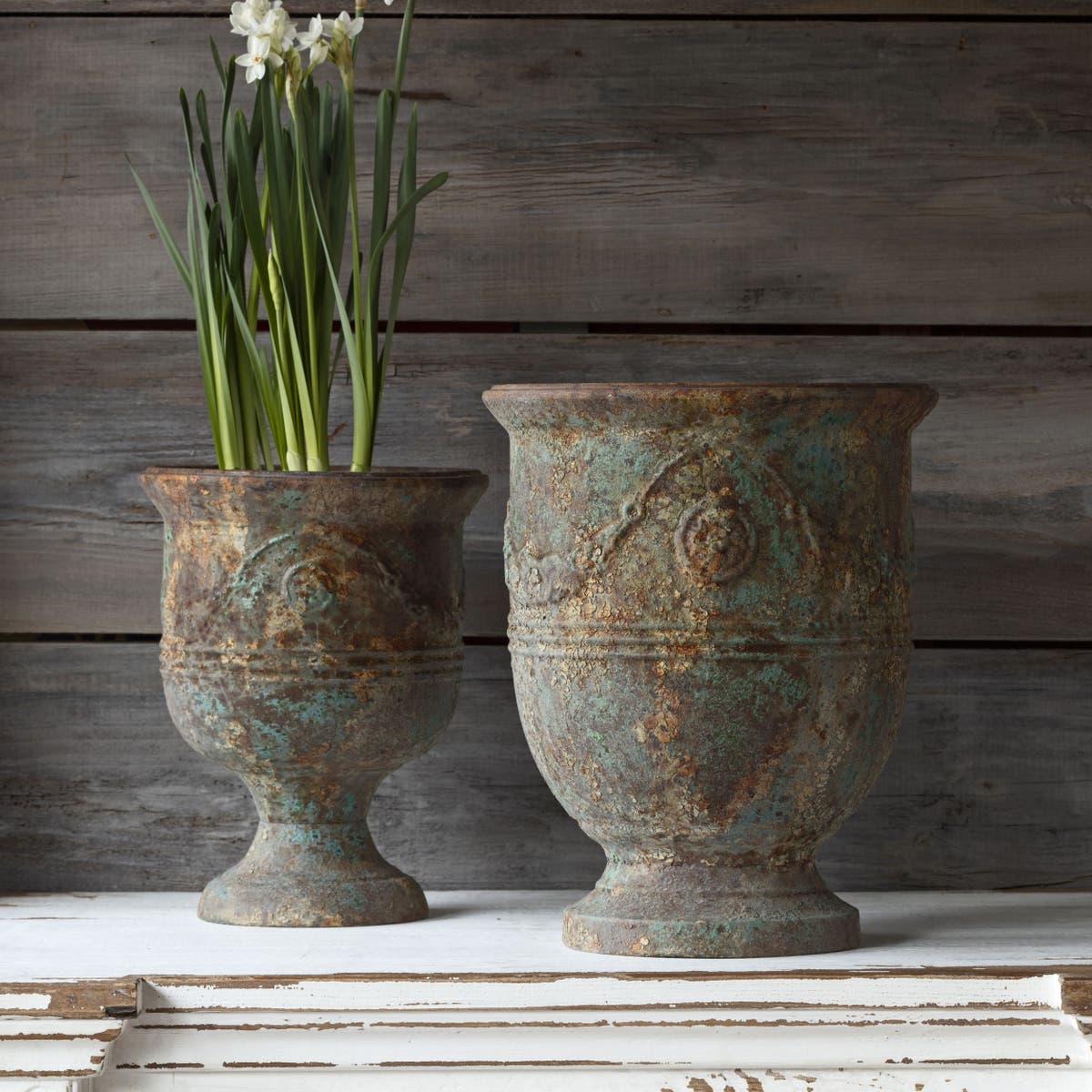 Aged Metal French Style Pots, Set of 2