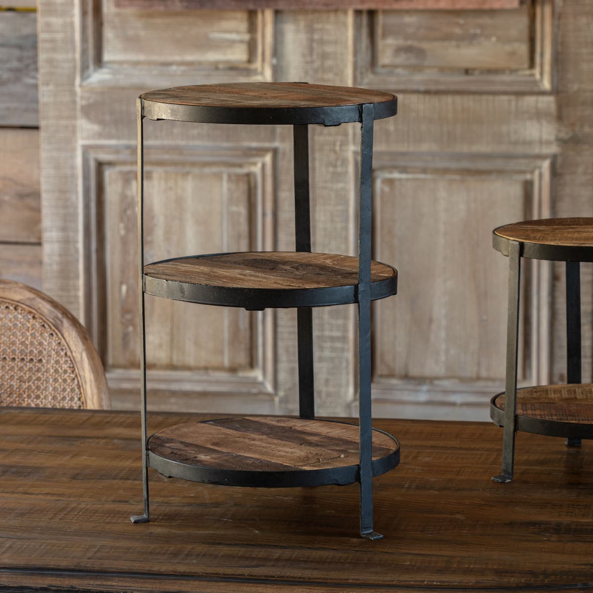 Three Tiered Iron and Rustic Wood Stand