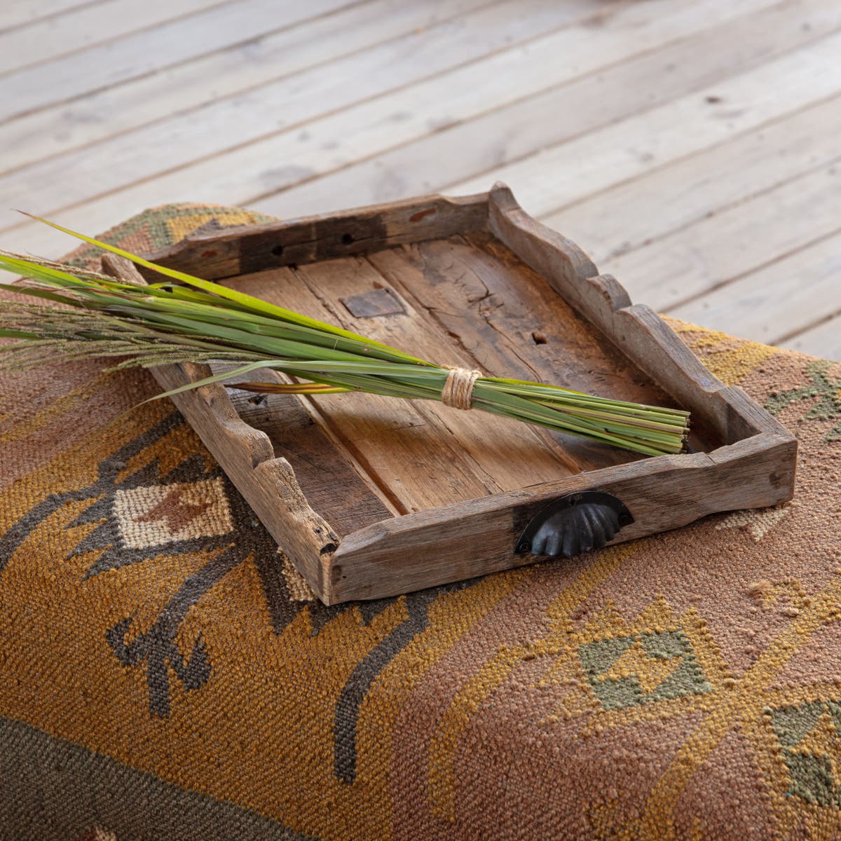 Scalloped Tray of Rustic Wood with Iron Handles