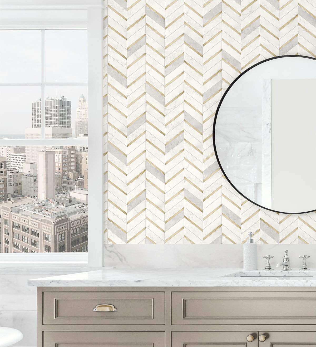 Faux Chevron Marble Tile Prepasted Wallpaper