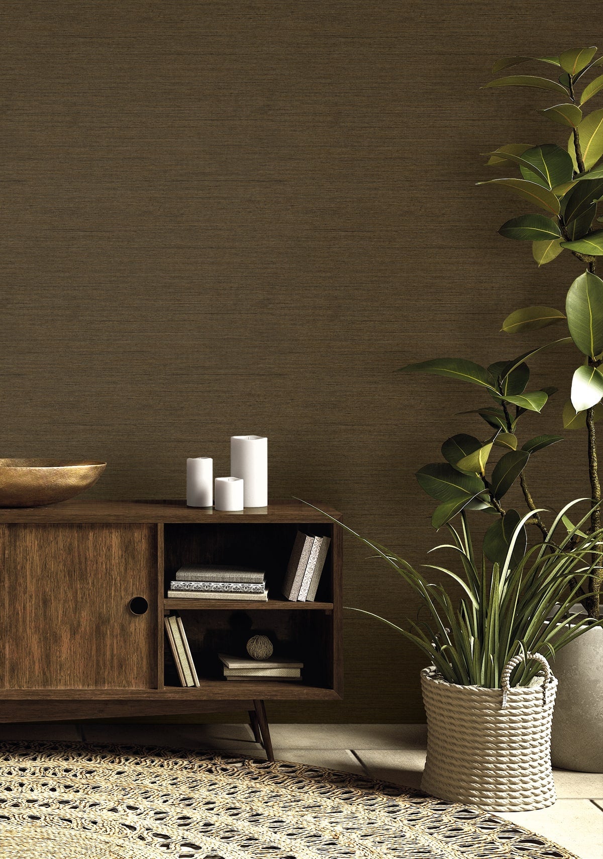 Raffia Threaded Faux Weave Embossed Vinyl Unpasted Wallpaper