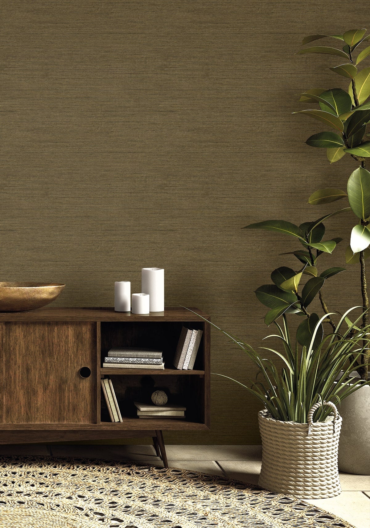 Raffia Threaded Faux Weave Embossed Vinyl Unpasted Wallpaper