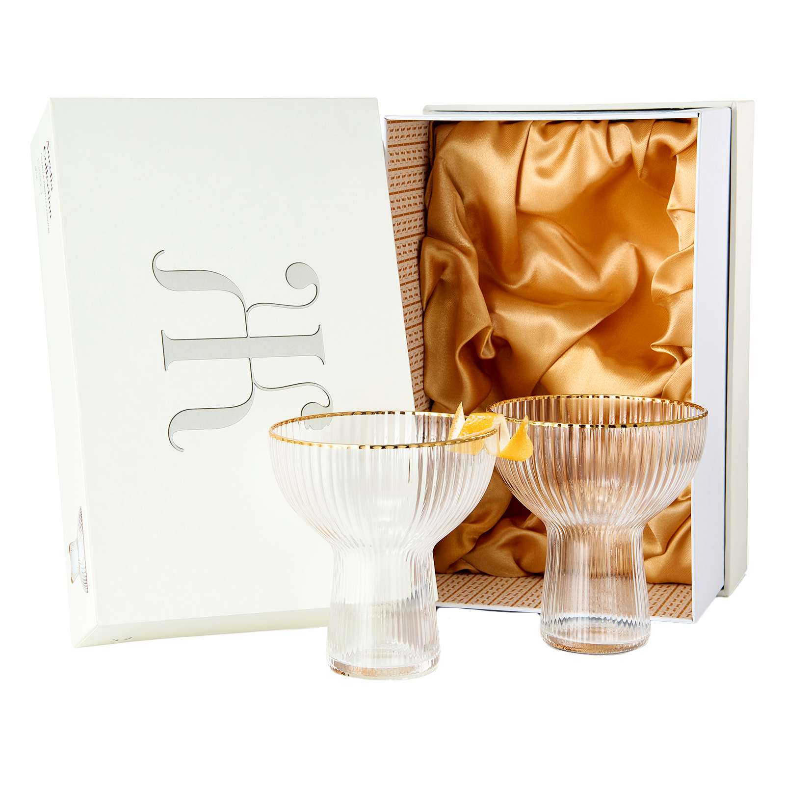 Ribbed Stemless Margarita Glasses With Gold Rim Set Of 2 Hand Blown Luxury Coupe Cocktail Martini Ch