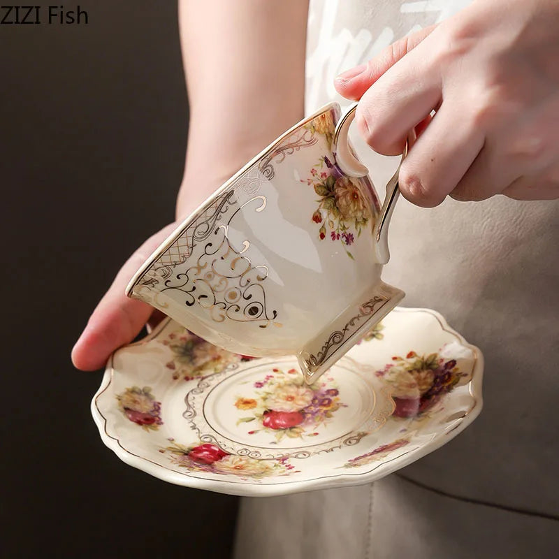 Lace Edge Flower Ceramic Cup & Saucer Set - Gold-plated Teacup for Dining Table