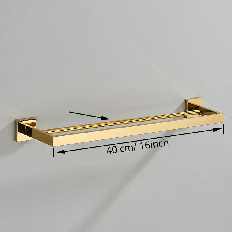 Gold Bathroom Hardware Set: Hook, Towel Rail, Bar, Shelf, Tissue Holder & More