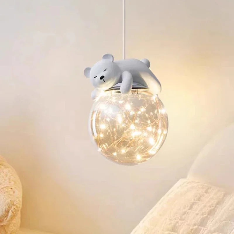 Kids Room LED Chandeliers White Bear Bunny Pendant Light Glass Bedside Lamp
