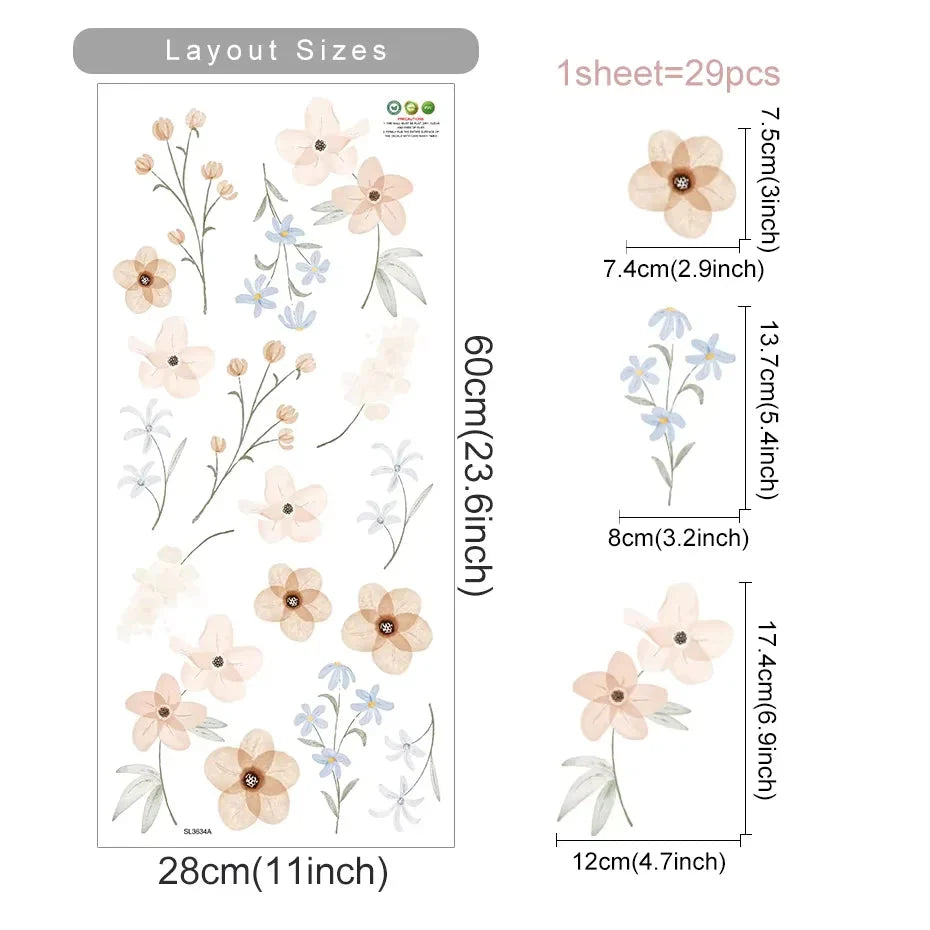 Boho Flowers Wall Stickers Child Watercolor Bedroom Living Room Home Decor Art Eco-frienly Removable Decals PVC Murals