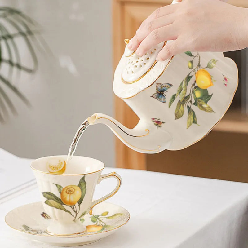 Gold Edge Cup & Saucer Set: Lemon Teapot, Coffee Mug, Ceramic Plates & Drinkware