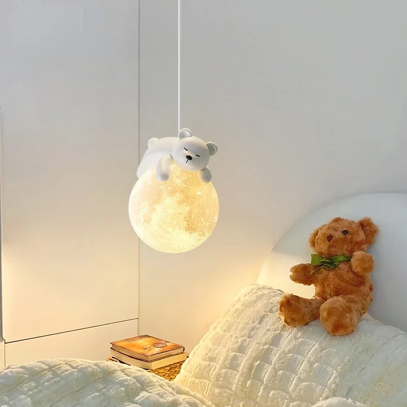 Kids Room LED Chandeliers White Bear Bunny Pendant Light Glass Bedside Lamp