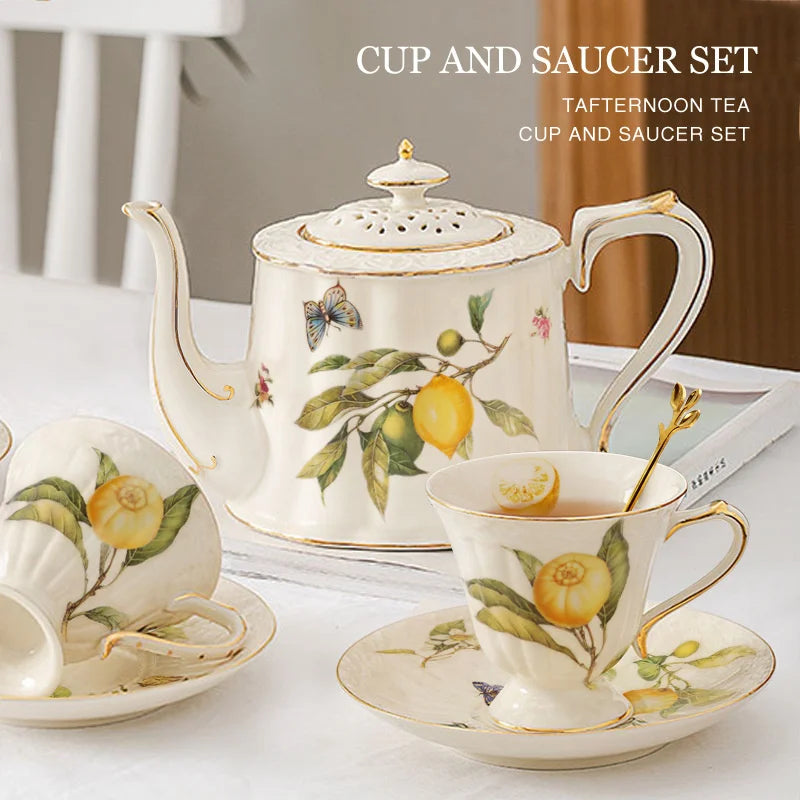 Gold Edge Cup & Saucer Set: Lemon Teapot, Coffee Mug, Ceramic Plates & Drinkware