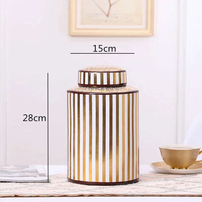 Golden Stripe Ceramics Vase with Cover, Modern Storage Jar for Home Decor
