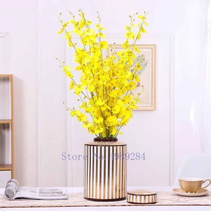 Golden Stripe Ceramics Vase with Cover, Modern Storage Jar for Home Decor