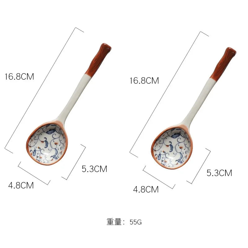 Japanese Vine Ceramic Spoon Set - Ins Wind Hand-painted Long Handle Dessert Spoons