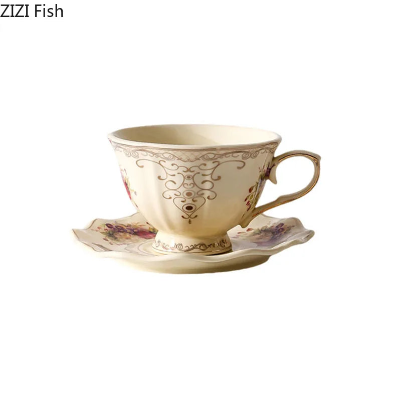 Lace Edge Flower Ceramic Cup & Saucer Set - Gold-plated Teacup for Dining Table