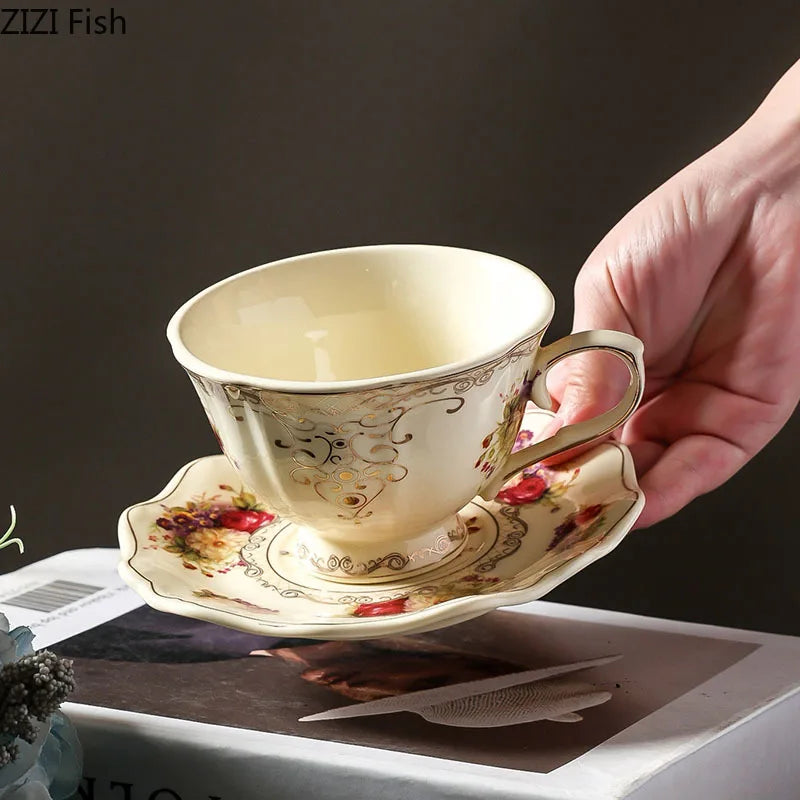 Lace Edge Flower Ceramic Cup & Saucer Set - Gold-plated Teacup for Dining Table