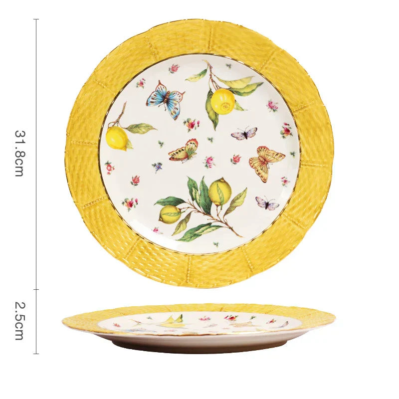 Gold Edge Cup & Saucer Set: Lemon Teapot, Coffee Mug, Ceramic Plates & Drinkware