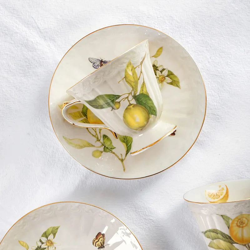 Gold Edge Cup & Saucer Set: Lemon Teapot, Coffee Mug, Ceramic Plates & Drinkware