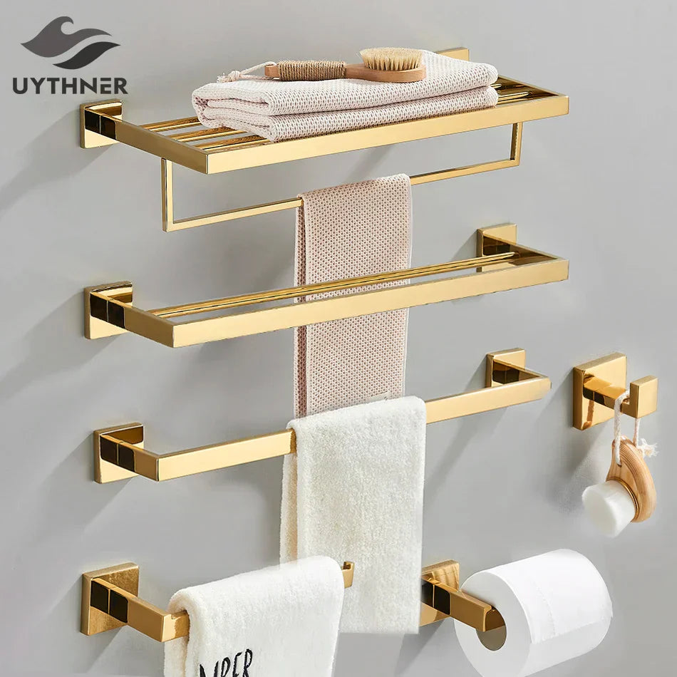 Gold Bathroom Hardware Set: Hook, Towel Rail, Bar, Shelf, Tissue Holder & More