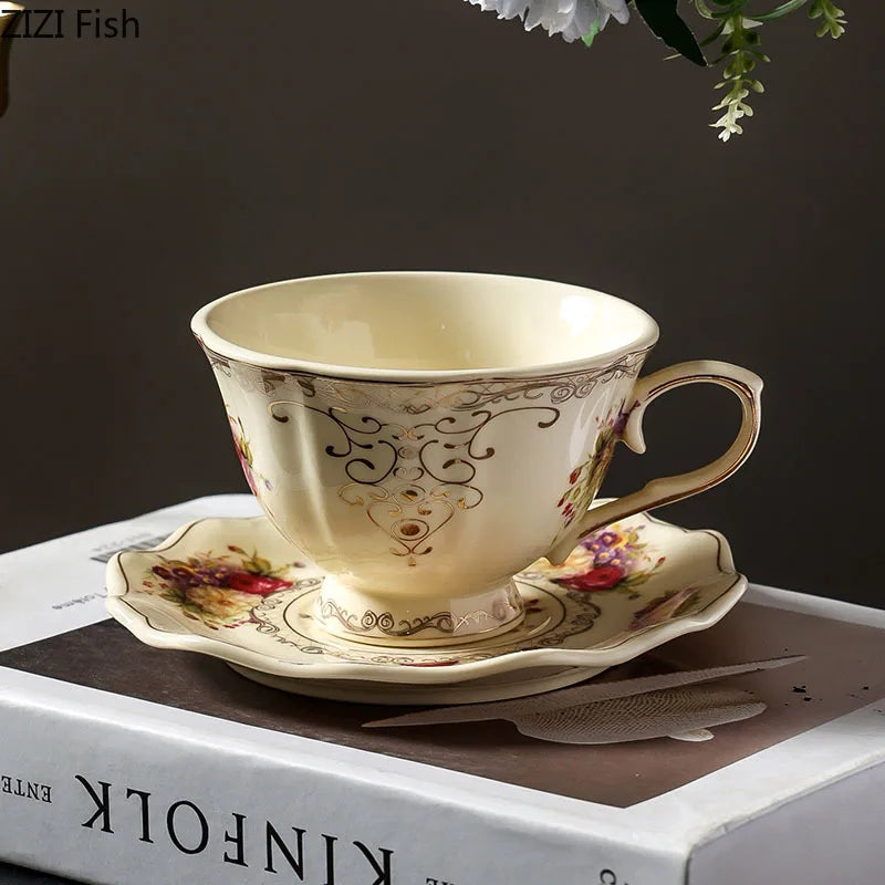 Lace Edge Flower Ceramic Cup & Saucer Set - Gold-plated Teacup for Dining Table