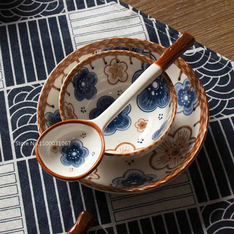 Japanese Vine Ceramic Spoon Set - Ins Wind Hand-painted Long Handle Dessert Spoons