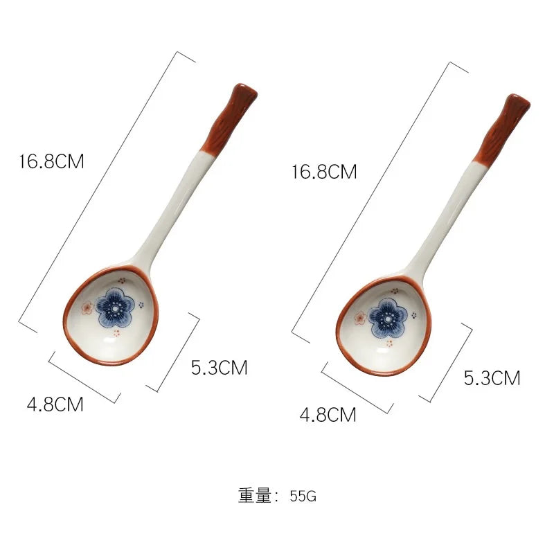 Japanese Vine Ceramic Spoon Set - Ins Wind Hand-painted Long Handle Dessert Spoons