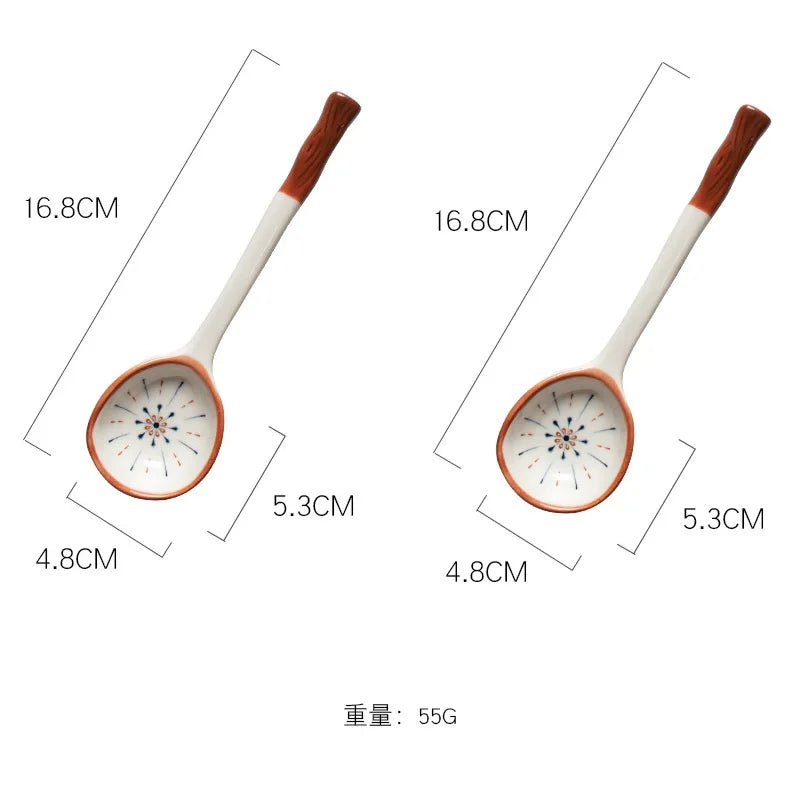 Japanese Vine Ceramic Spoon Set - Ins Wind Hand-painted Long Handle Dessert Spoons