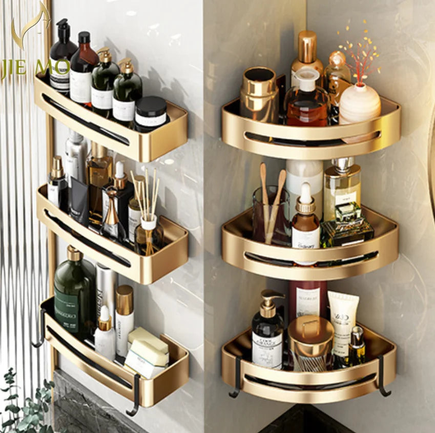 Gold Bathroom Corner Shelf: Wall-Mounted Triangle Storage Rack for Toiletries
