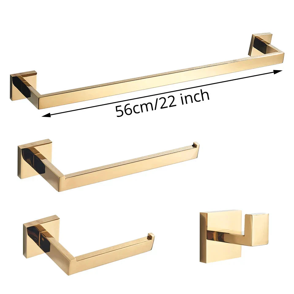 Gold Bathroom Hardware Set: Hook, Towel Rail, Bar, Shelf, Tissue Holder & More