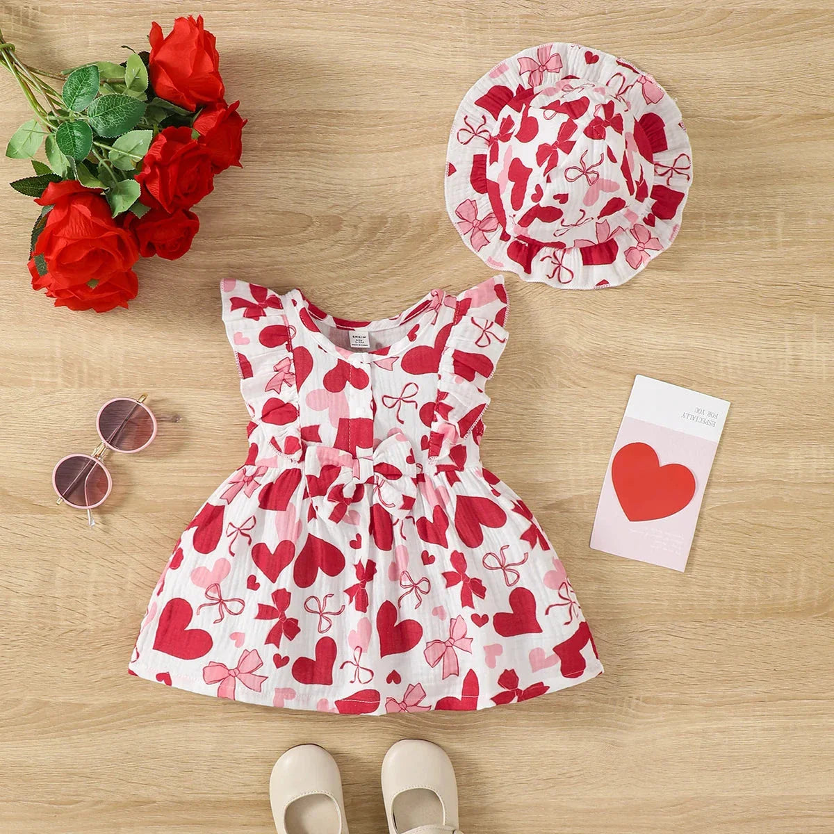 Baby Girl Summer Dress Set (0–9M) – Love Print Sleeveless Dress with Matching Hat