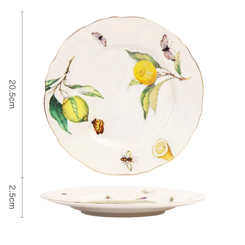Gold Edge Cup & Saucer Set: Lemon Teapot, Coffee Mug, Ceramic Plates & Drinkware