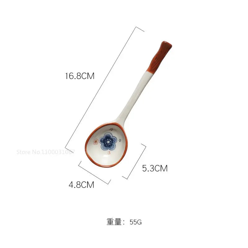 Japanese Vine Ceramic Spoon Set - Ins Wind Hand-painted Long Handle Dessert Spoons