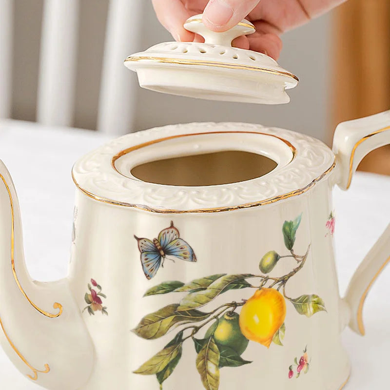 Gold Edge Cup & Saucer Set: Lemon Teapot, Coffee Mug, Ceramic Plates & Drinkware