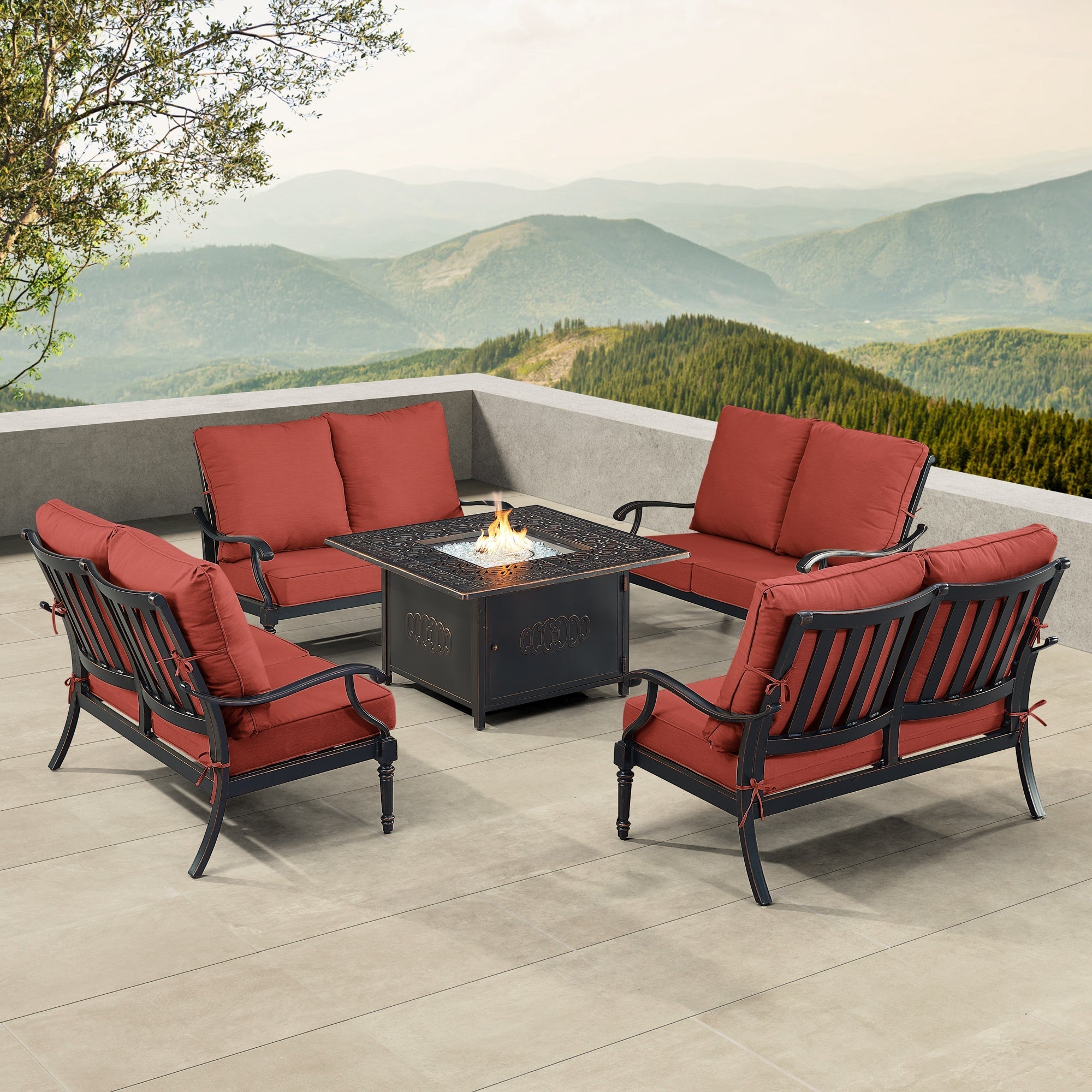 Black Aluminum Fire Table Set with Four Deep Seating Loveseats