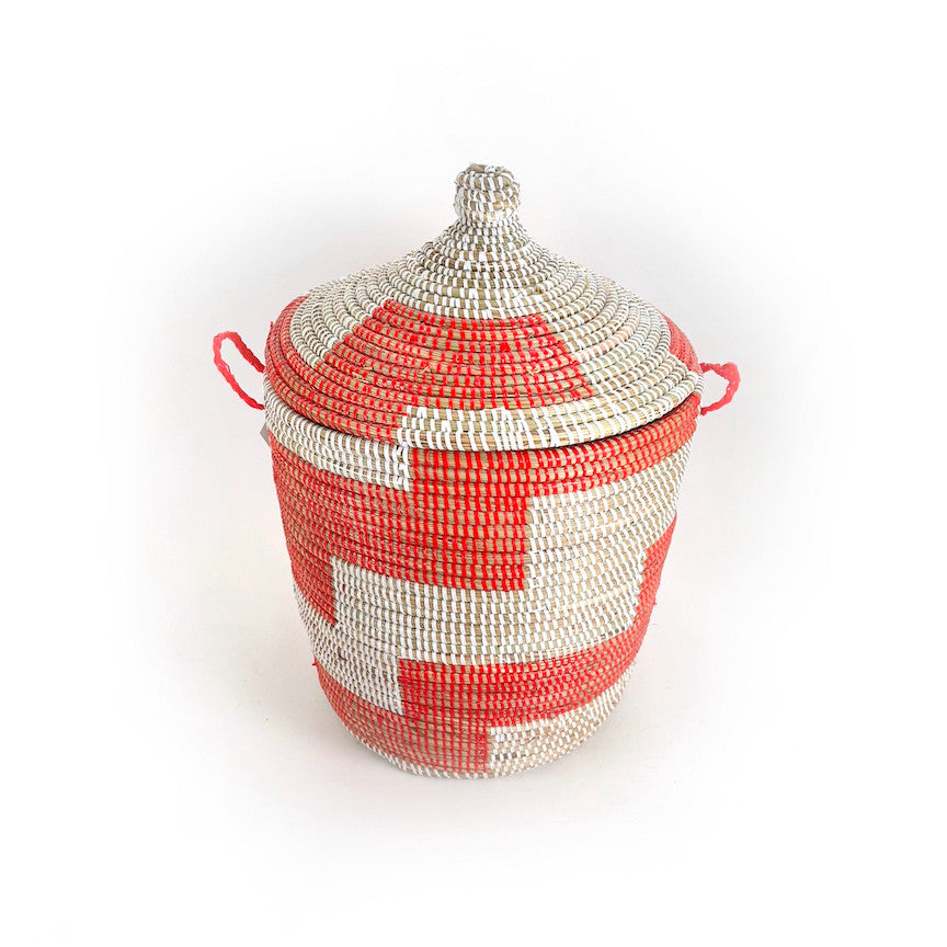 Red and White Stripe Woven Basket - Medium