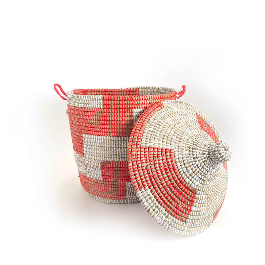 Red and White Stripe Woven Basket - Medium