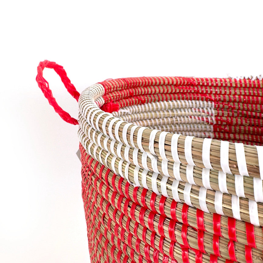 Red and White Stripe Woven Basket - Medium