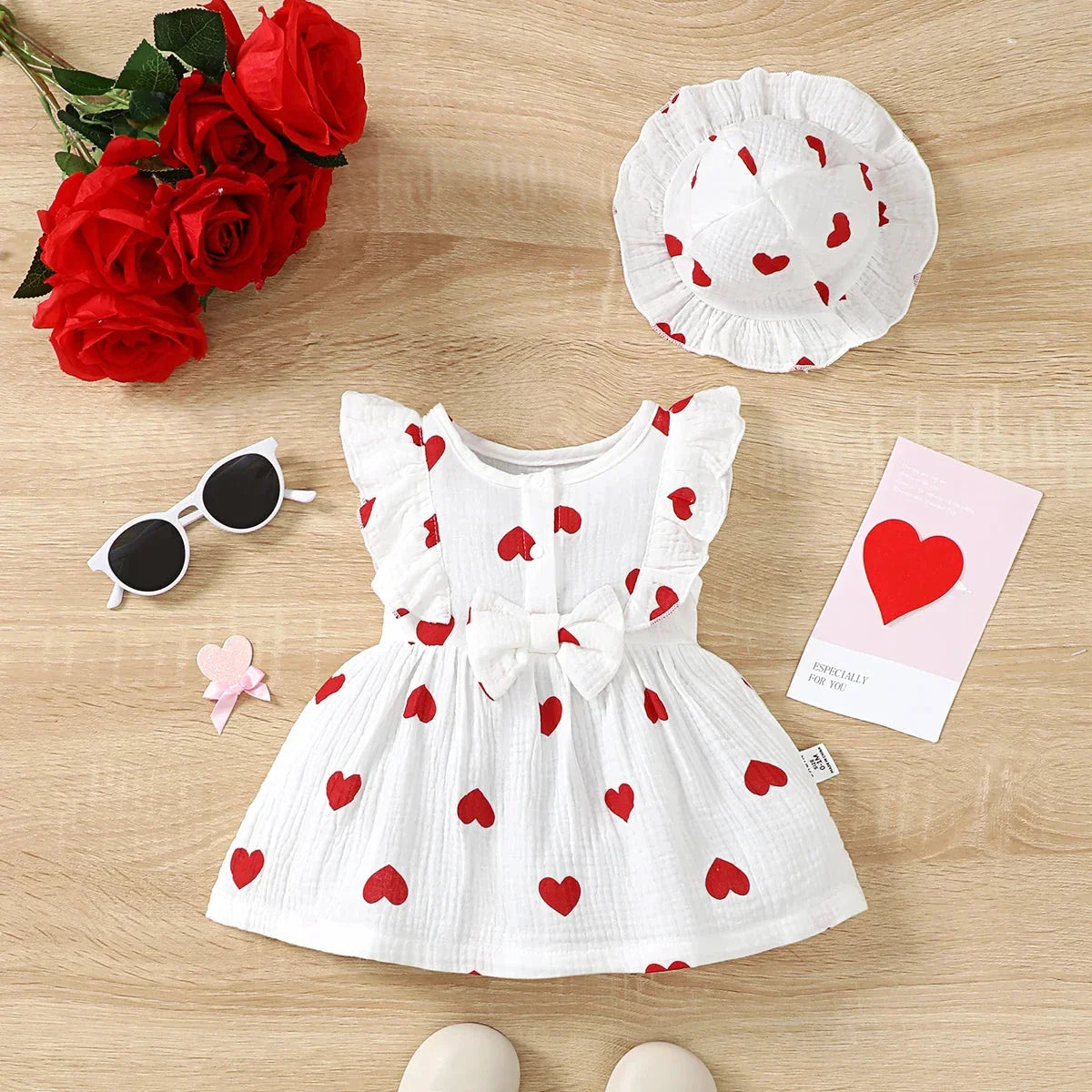 Baby Girl Summer Dress Set (0–9M) – Love Print Sleeveless Dress with Matching Hat