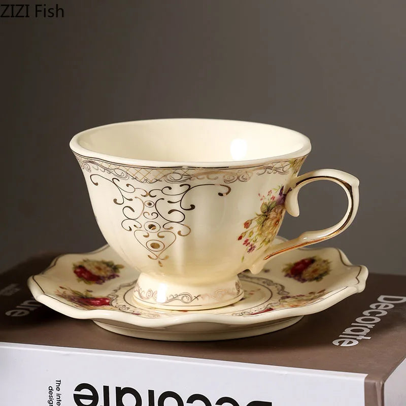 Lace Edge Flower Ceramic Cup & Saucer Set - Gold-plated Teacup for Dining Table