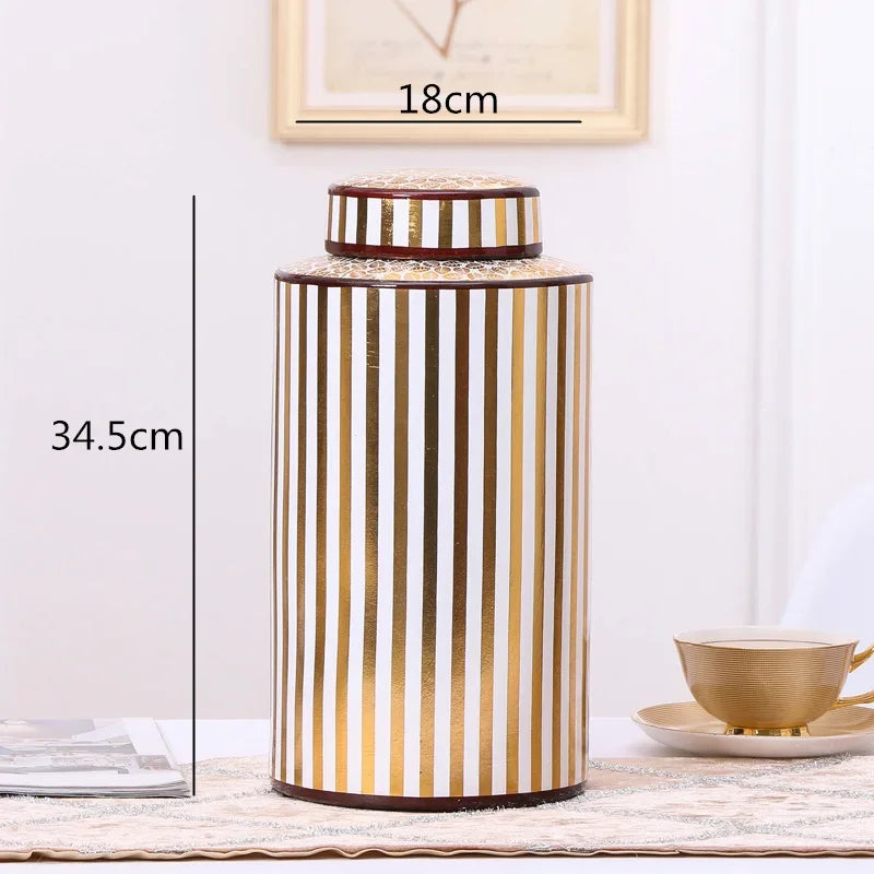 Golden Stripe Ceramics Vase with Cover, Modern Storage Jar for Home Decor