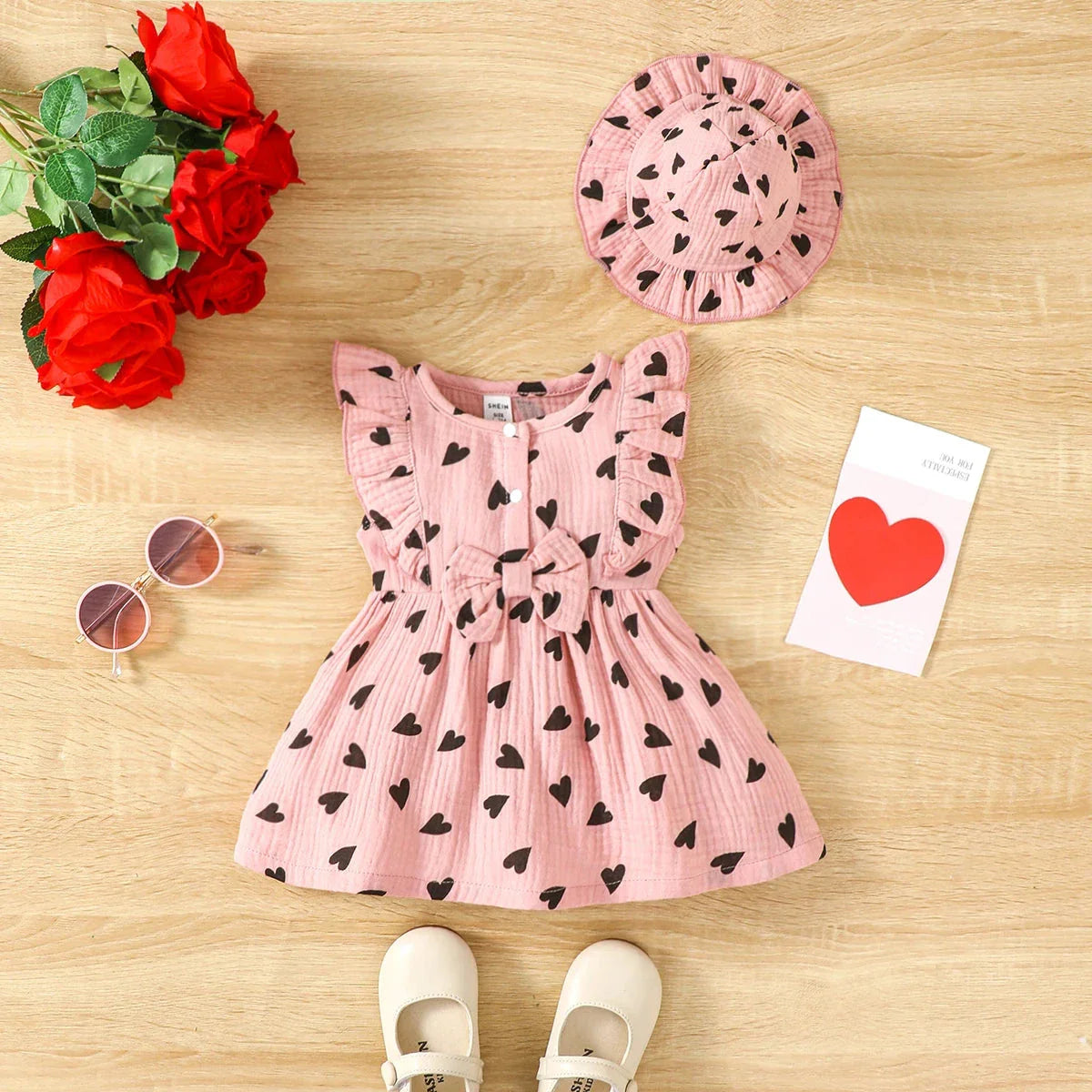 Baby Girl Summer Dress Set (0–9M) – Love Print Sleeveless Dress with Matching Hat