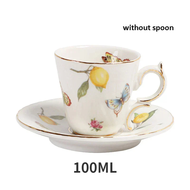 Gold Edge Cup & Saucer Set: Lemon Teapot, Coffee Mug, Ceramic Plates & Drinkware